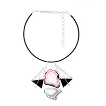Load image into Gallery viewer, black-cord-necklace-with-sterling-silver-triangular-pendants-and-agate-stones
