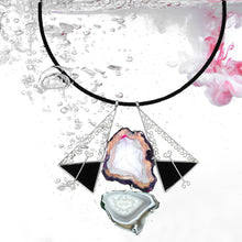 Load image into Gallery viewer, black-cord-necklace-with-sterling-silver-triangular-pendants-and-agate-stones