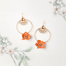 Load image into Gallery viewer, GOLD TONED CIRCULAR DROP EARRINGS WITH VIVID ORANGE LILY & CREST DETAIL