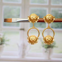 Load image into Gallery viewer, GOLD TONED DOUBLE ROSE DROP STUD EARRINGS
