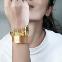 Load image into Gallery viewer, GOLD TONED CUFF WITH CHARTREUSE ACRYLIC & DOTTED BLOCKS