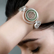 Load image into Gallery viewer, SILVER TONED BRACELET WITH CHARTREUSE ACRYLIC TANGENT & DOTTED CIRCLES