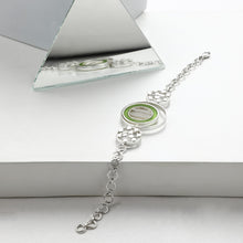 Load image into Gallery viewer, SILVER TONED BRACELET WITH CHARTREUSE ACRYLIC TANGENT & DOTTED CIRCLES