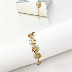 GOLD TONED CYAN ACRYLIC TANGENT CHOKER WITH INLAID DOTTED CIRCLES