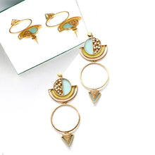 Load image into Gallery viewer, GOLD TONED CIRCULAR DROP EARRINGS WITH ACRYLIC ARCS & COILED TRIANGLES