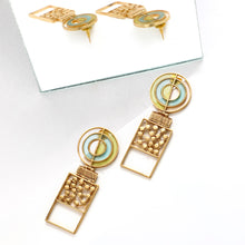 Load image into Gallery viewer, GOLD TONED SPLIT CIRCULAR BLOCK DROP EARRINGS WITH ACRYLIC &amp; DOTTED DETAIL
