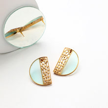 Load image into Gallery viewer, GOLD TONED SEMI-CIRCULAR CYAN ACRYLIC STUDS WITH DOTTED BLOCK
