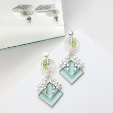 Load image into Gallery viewer, SILVER TONED CYAN ACRYLIC RHOMBUS DROP EARRINGS WITH SPLIT DOTTED DETAIL