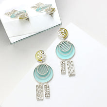 Load image into Gallery viewer, SILVER TONED CYAN ACRYLIC CIRCULAR DROP EARRINGS WITH DOTTED BLOCK CHARMS