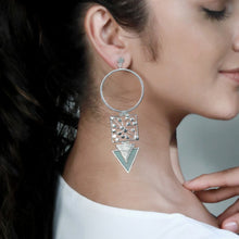 Load image into Gallery viewer, SILVER TONED  DROP EARRINGS WITH DOTTED BLOCK &amp; CYAN ACRYLIC TRIANGLE WORN BY SANIA MIRZA
