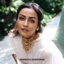 Load image into Gallery viewer, Gold toned drape choker necklace with crests worn by Namrata Shirodkar
