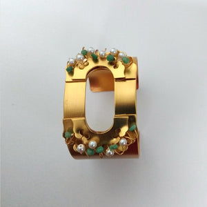 Green stone and pearl gold hand cuff