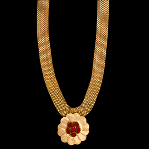 Gold coin necklace with red crystal pendant