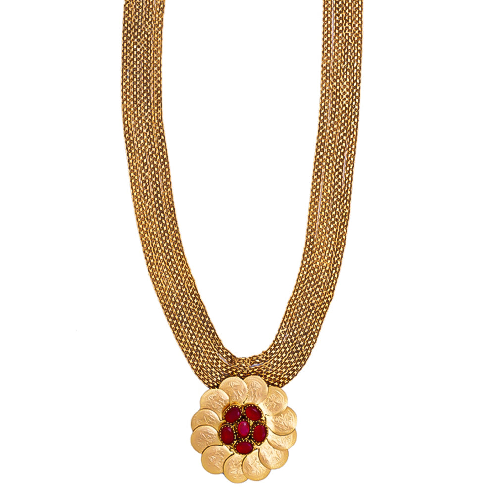 Gold coin necklace with red crystal pendant