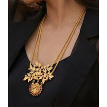Load image into Gallery viewer, Gold Two-Strand Long Necklace with Serrated Leaves &amp; Chandra Pendant
