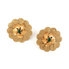 Load image into Gallery viewer, Gold Kasu Foliage earrings with green crystals
