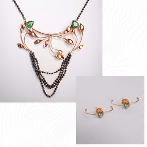 IVY'S LAMENT BLACK BEADED GOLD NECKLACE & MOLTEN MINT GOLD PLATED GREEN CRYSTAL LOOP STUD EARRINGS