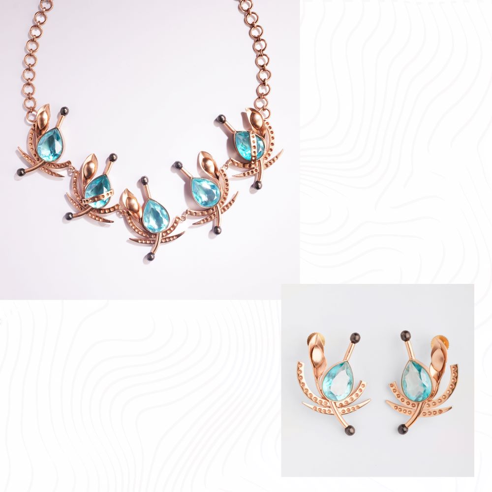 SWAN LAKE GILDED CRYSTAL NECKLACE & GOLDEN GALE BLUE CRYSTAL STUD EARRINGS