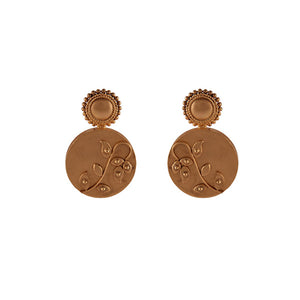 GOLD PLATED CHAKRA EARRING WITH ROUND BRICK AND FOLIAGE
