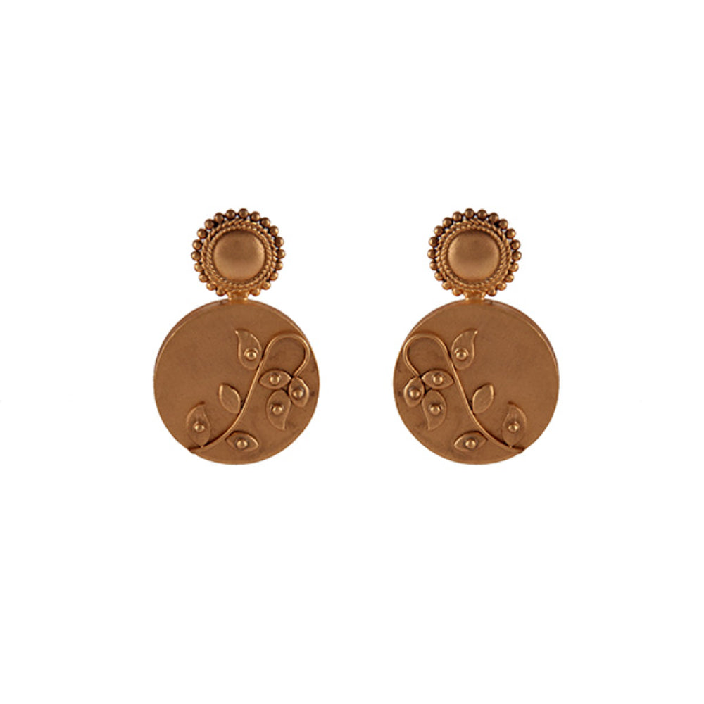 GOLD PLATED CHAKRA EARRING WITH ROUND BRICK AND FOLIAGE