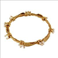 GOLD PLATED WIRE WRAP LEAVES AND 4 HALF PEARLS BANGLE