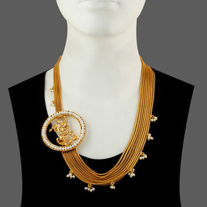 GOLD PLATED 8 LINE DORI CHAIN NECKPIECE WITH ROUND PEARL & CURLED ON SIDE AND PEARL HANGING