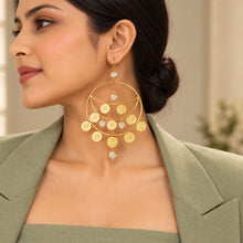 Load image into Gallery viewer, Gold Kasu Coin Earrings with White Crystal
