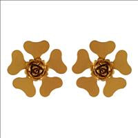 GOLD PLATED HEART PEATL SHAPE FLOWER EARRING WITH 3D ROSE ON CENTER