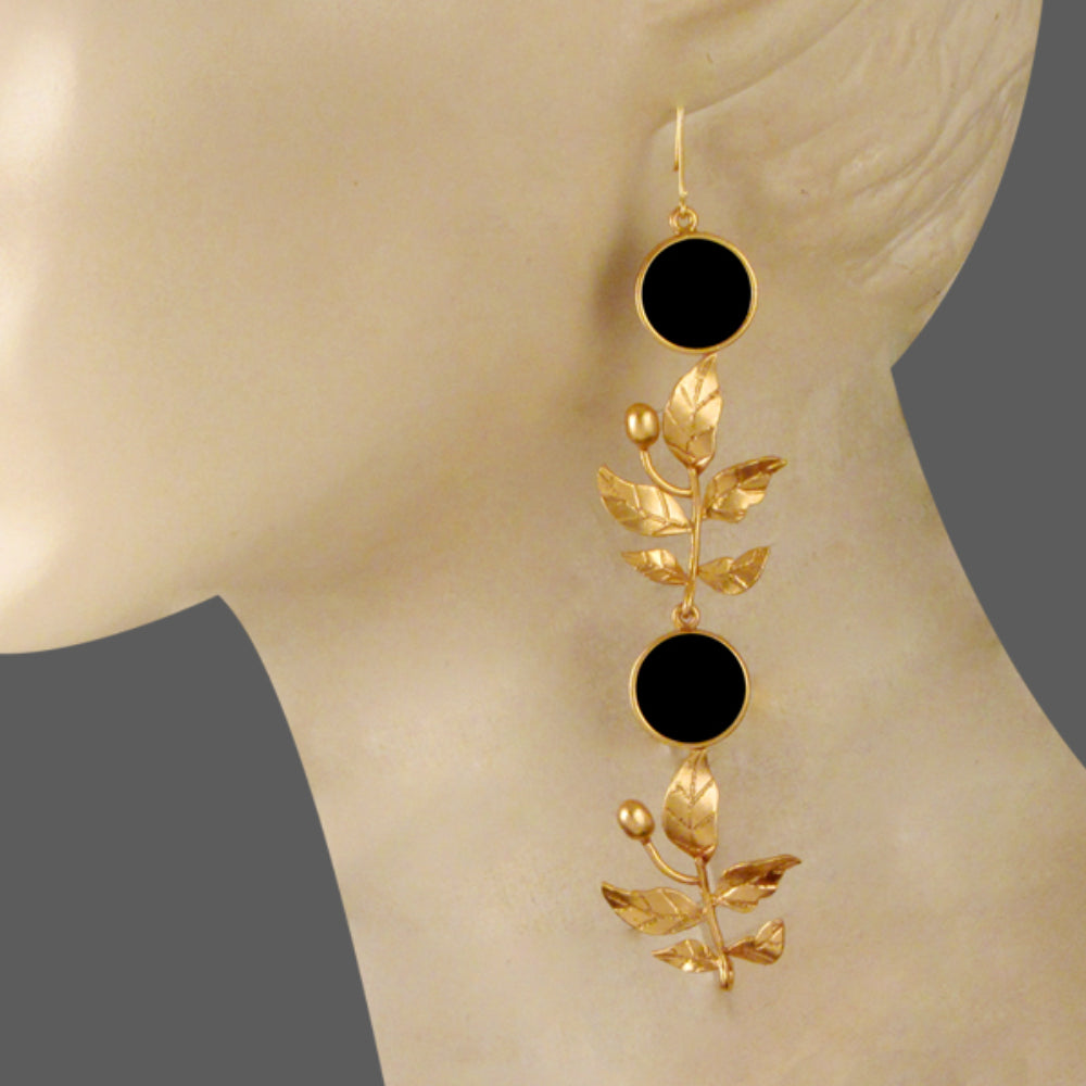 GOLD PLATED BLACK AC DOTS & SERRATE LEAVES LONG EARRING