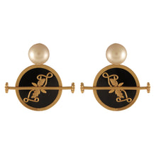 Load image into Gallery viewer, GOLD PLATED BLACK AC ROUND EARRING WITH HALF PEARL, WILDERNESS AND STUD ON IT
