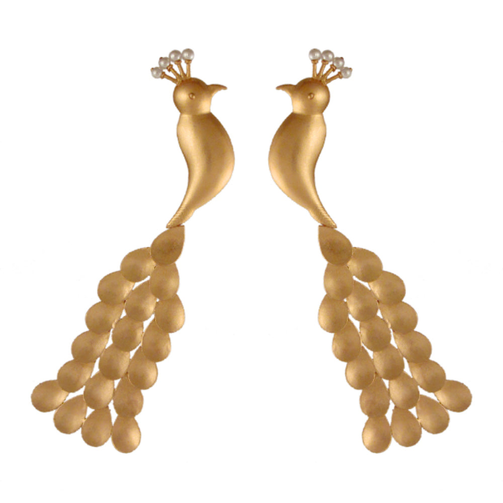 GOLD PLATED PEACOCK EARRING WITH DROP FEATHER