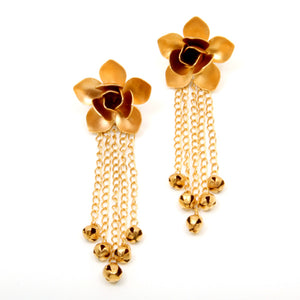 GOLD PLATED MAGNOLIA FLOWER EARRING WITH CHAIN & GHUNGROO HANGING
