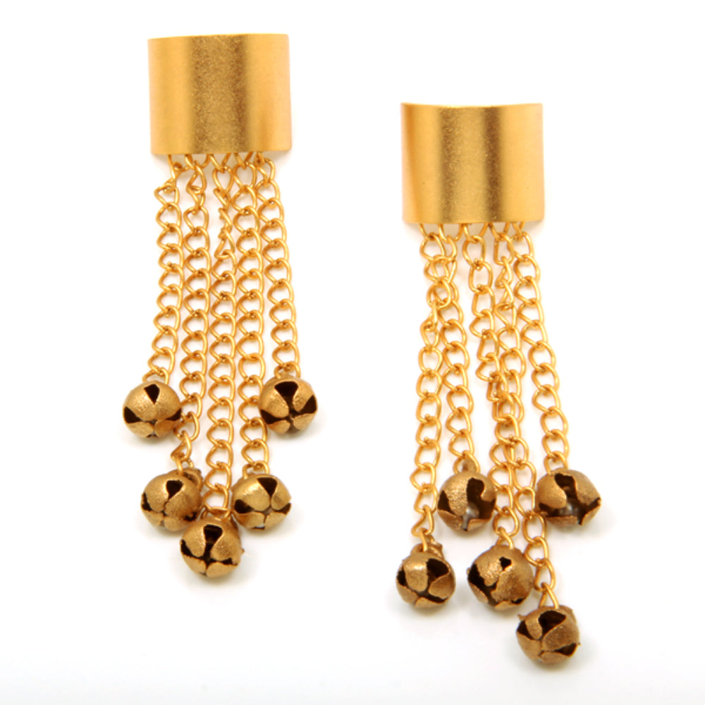 GOLD PLATED CURLED EARRING WITH CHAIN & GHUNGROO HANGING