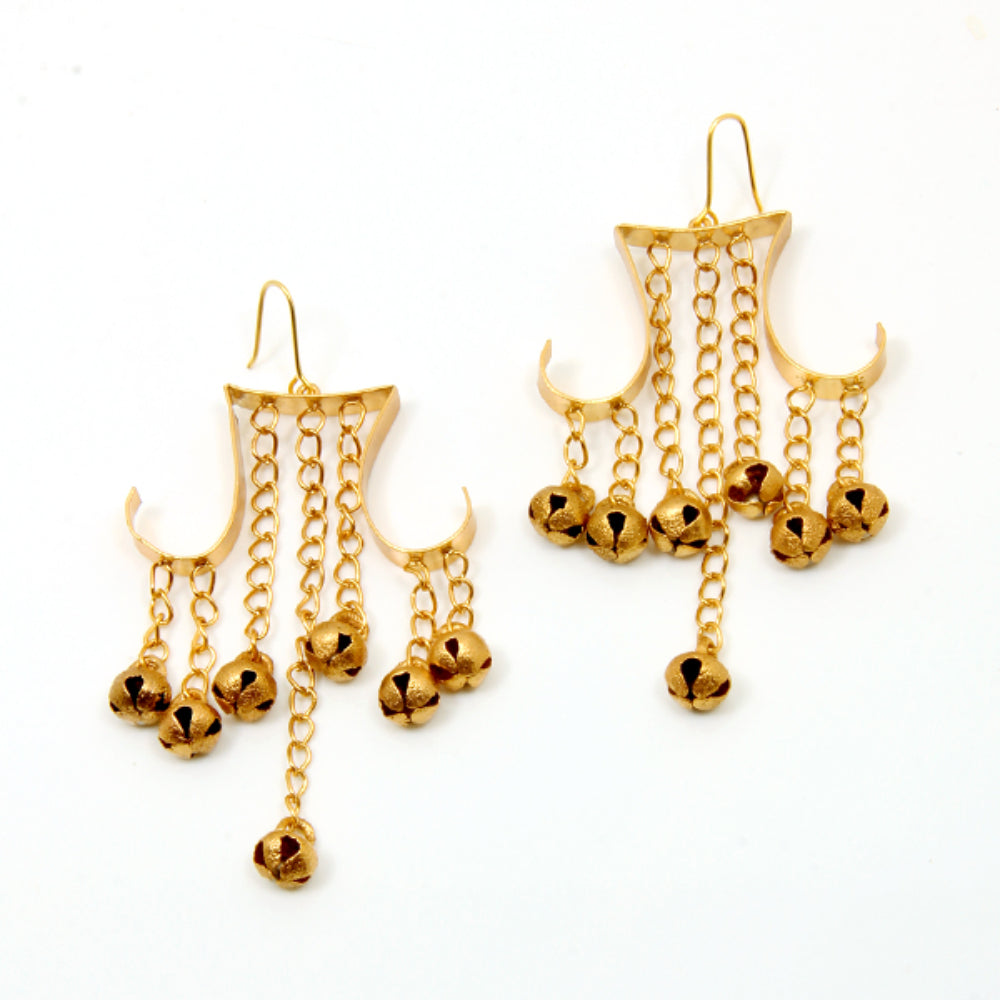 GOLD PLATED TRIBAL HORN EARRING WITH CHAIN & GHUNGROO HANGING