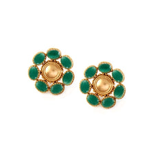 Load image into Gallery viewer, Gold Toned Circle Stud Earrings with Green Crystals
