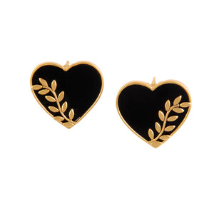 GOLD PLATED BLACK AC HEART EARRING WITH VEIN & LEAVES ON IT