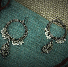 Load image into Gallery viewer, Oxidised Silver Peacock &amp; Pearl Bali Earrings
