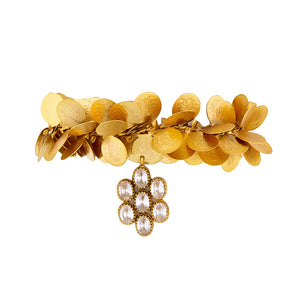 Gold coin cluster cuff with crystal flower charm