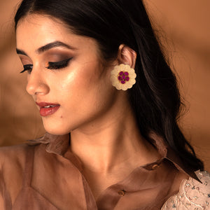 Gold coin earrings with ruby toned crystals