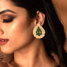 Load image into Gallery viewer, Gold teardrop earrings with green crystals
