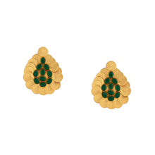 Load image into Gallery viewer, Gold teardrop earrings with green crystals
