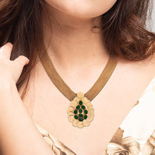 Load image into Gallery viewer, Gold coin neckpiece with teardrop pendant and green crystals
