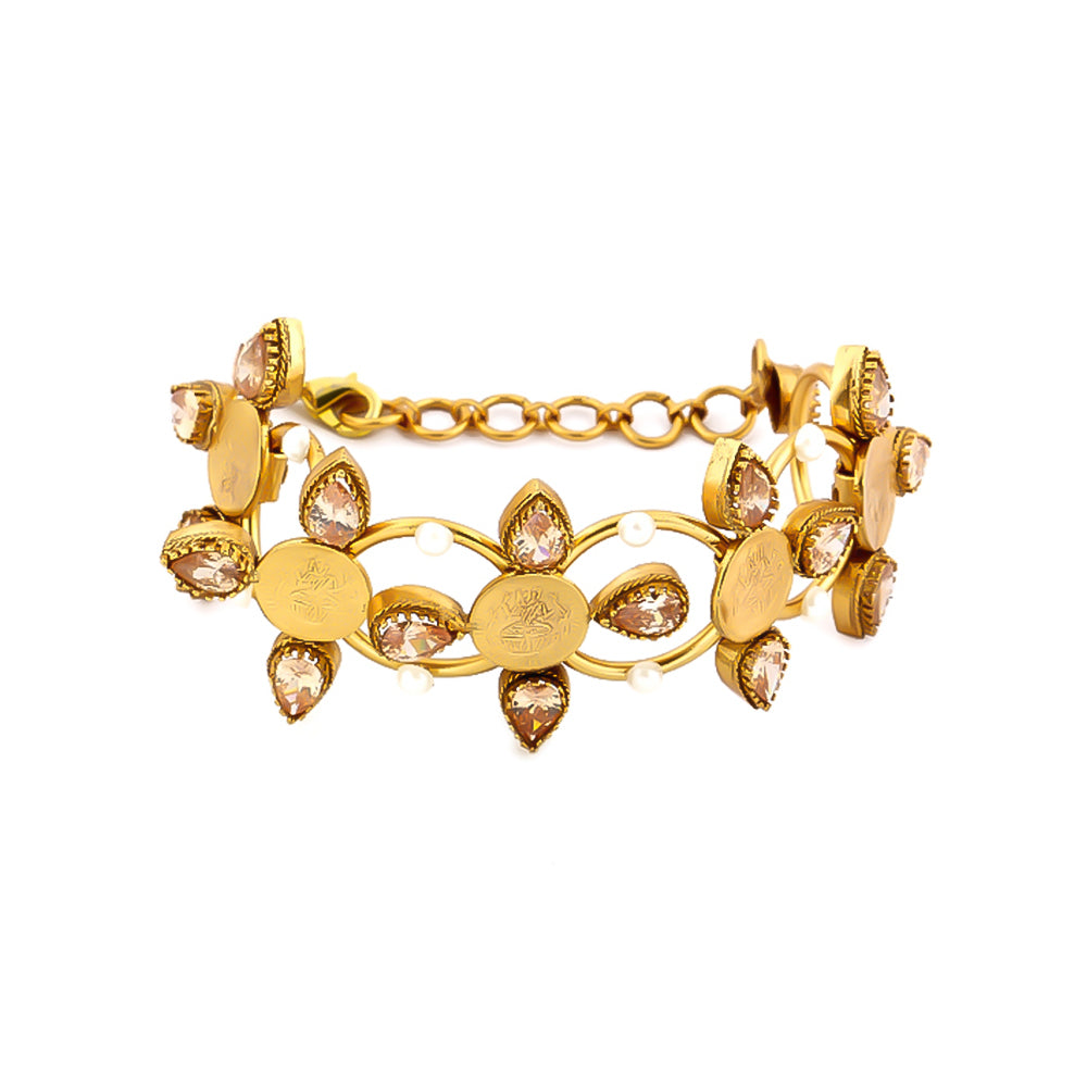 Gold coin pink crystal hand cuff