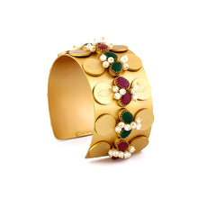 Load image into Gallery viewer, Gold coin hand cuff with red and green crystals and pearls
