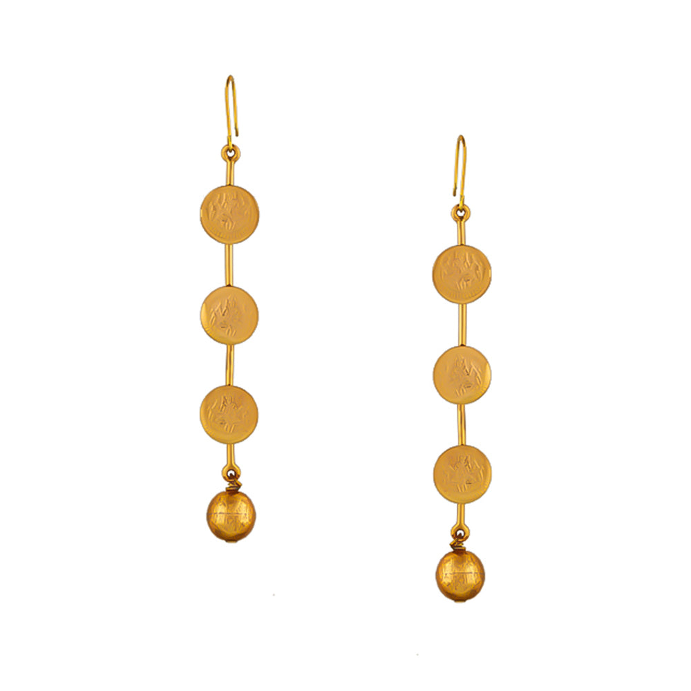 Gold coin motif drop earrings