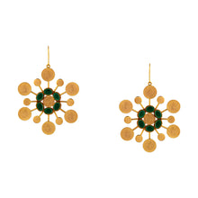 Load image into Gallery viewer, Gold Kasu earrings with green crystals
