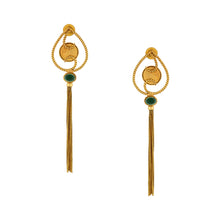 Load image into Gallery viewer, Gold Shield coin motif earrings with tassels
