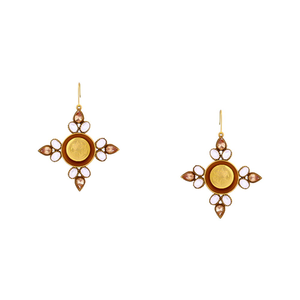 Gold coin motif and crystal dangling earrings