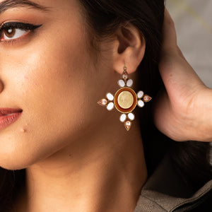 Gold coin motif and crystal dangling earrings