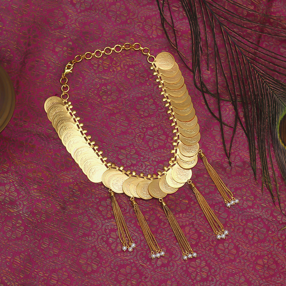 Gold coin necklace with pearl fringe